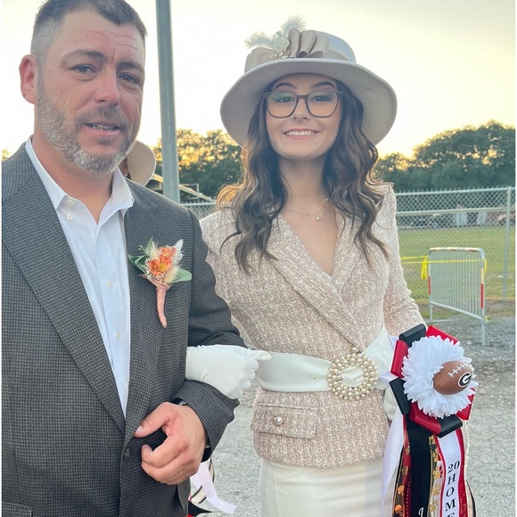 TWEED TAN WHITE HOMECOMING SUIT HAT DRESS GUC ALTERED PEARL BUTTONS WOOL HAT SM - Picture 3 of 12